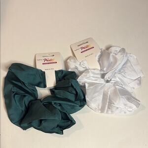 NWT set of 2 satin scrunchies in green and white